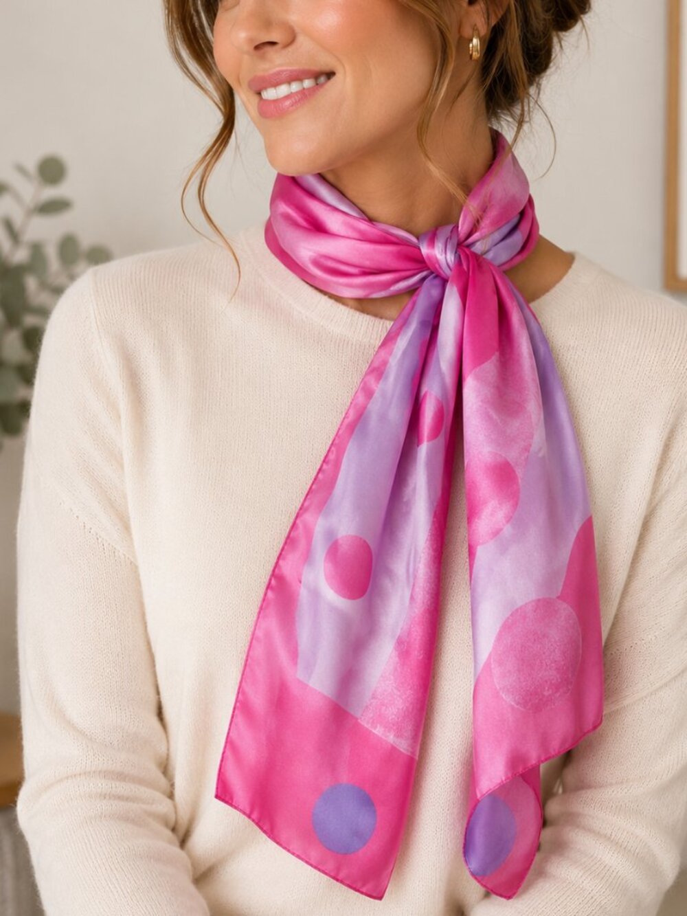 Symphony Pink Satin Oblong Scarf Polka Dot Abstract Print Lightweight Wrap